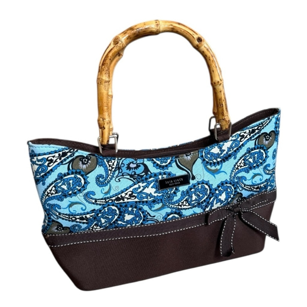 Vintage Y2K Kate Spade Blue Paisley Bamboo Handle Bow Purse 2000s Shoulder Bag